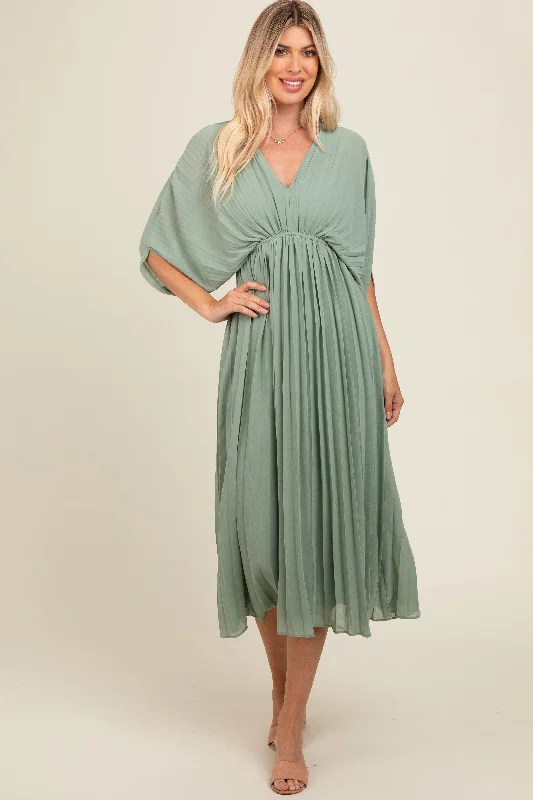 Bargain Prices casual evening dressLight Olive Pleated V Neck Maxi Dress