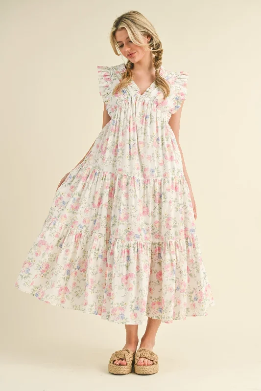 Quick Sale bodycon dressIvory Pink Floral Ruffled Floral Midi Dress