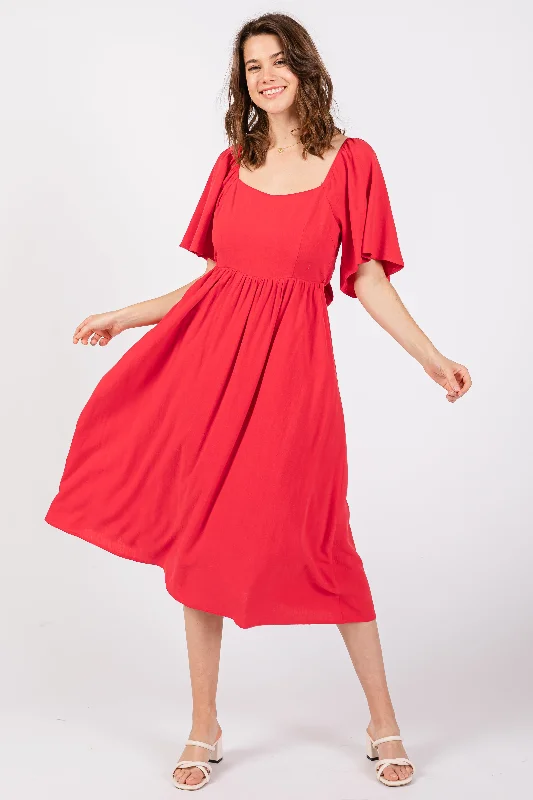 Special Discount trendy dressRed Flutter Short Sleeve Back Tie Cutout Midi Dress