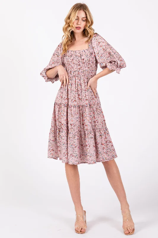 Year-End Clearance oversized dressLight Pink Floral Smocked Knee Length Dress