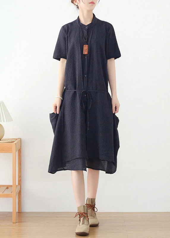 Clearance Items vintage dressWomen Navy Asymmetrical Design Button Linen Dress Short Sleeve