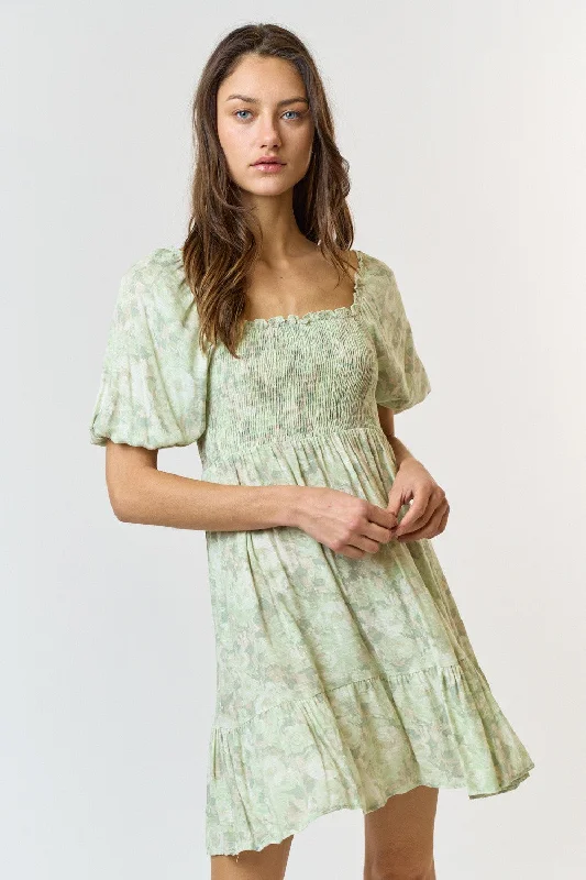 Great Bargains statement dressLight Olive Floral Smocked Square Neck Dress