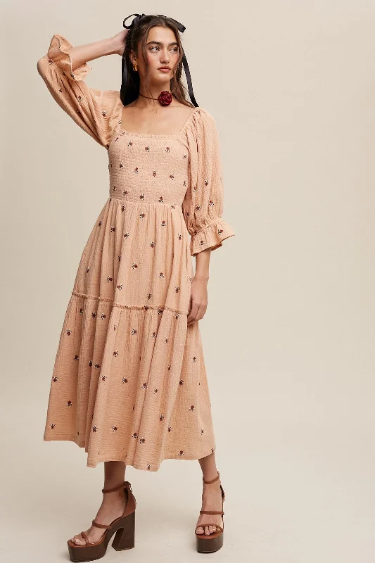 Crazy Deals textured dressBlush Ditzy Floral Embroidery Puff Sleeve Maxi Dress