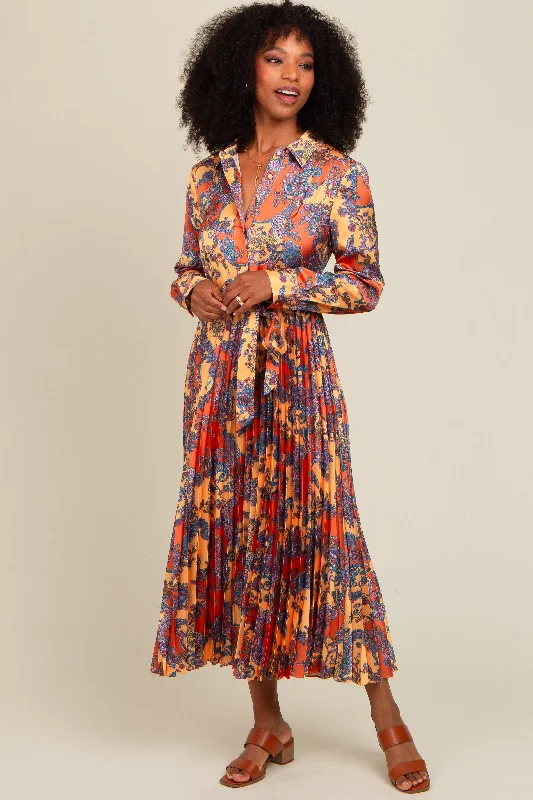 Inventory Reduction ashionable dressOrange Paisley Print Pleated Button Down Midi Dress Inventory Reduction ashionable dressOrange Paisley Print Pleated Button Down Midi Dress