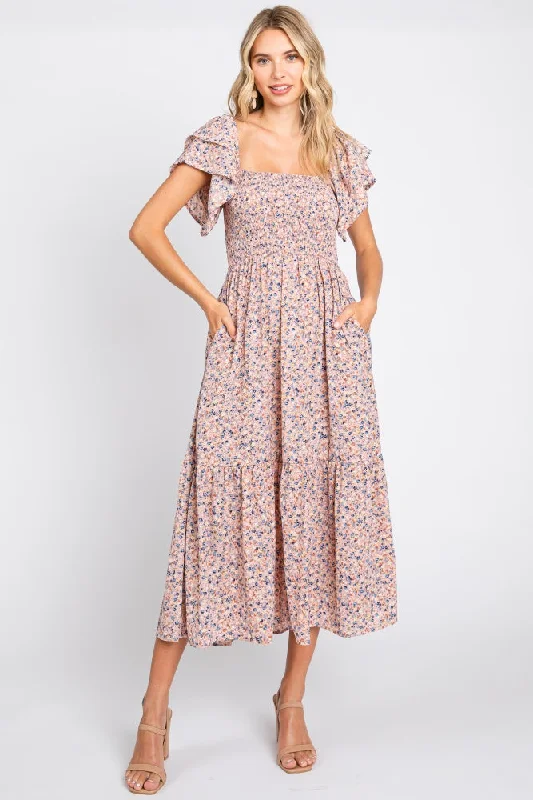 New Arrival casual midi dressLight Pink Floral Flutter Midi Dress