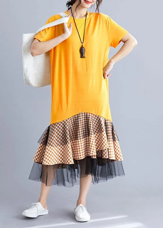 Overstock trendy dressWomen yellow cotton tunic dress patchwork plaid A Line summer Dresses Overstock trendy dressWomen yellow cotton tunic dress patchwork plaid A Line summer Dresses