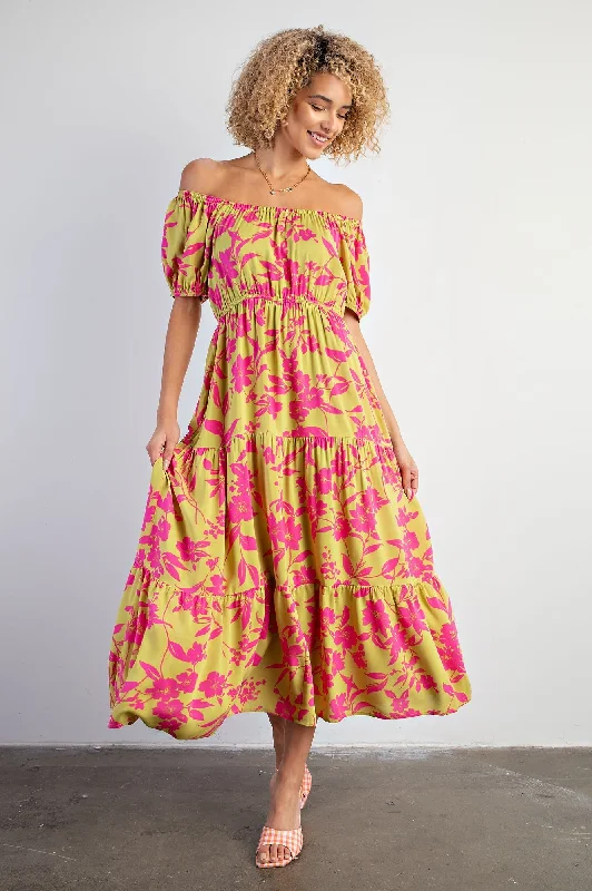 Clearance Event puff sleeve dressLime Floral Off Shoulder Puff Sleeve Midi Dress