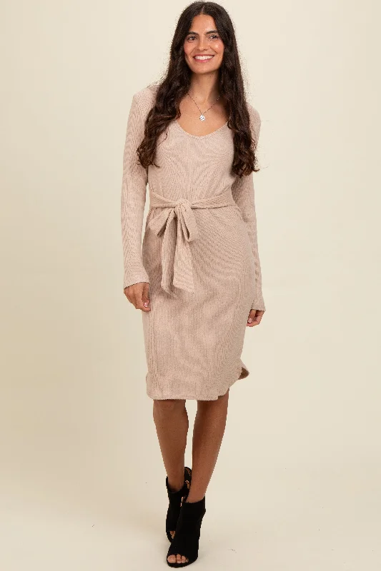 Amazing Deals casual slip dressCream Ribbed Knit Long Sleeve Tie Waist Dress