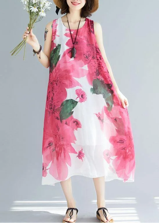 Bargain Bin boho-chic dressWomen red floral cotton Tunic sleeveless Maxi summer Dresses