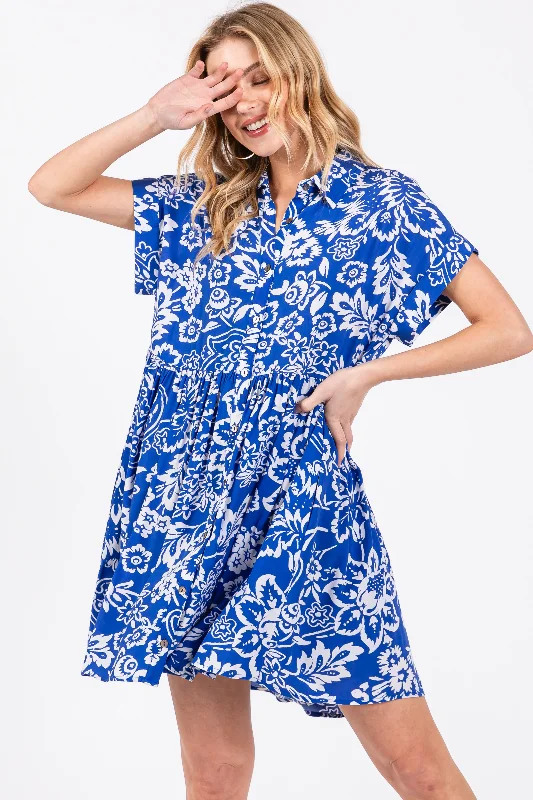 Epic Deals trendy mini dressRoyal Blue Floral Button Front Collared Dress