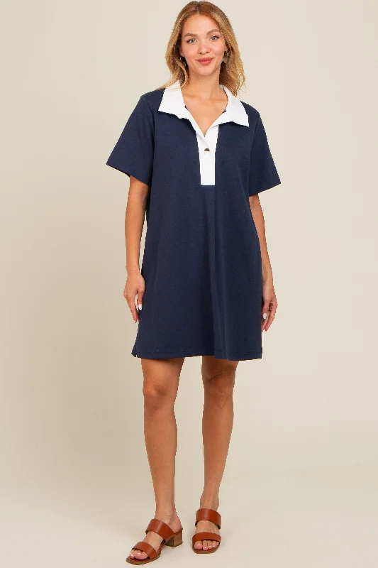 Super Sale ashionable dressNavy Blue Contrast Collar Polo Dress