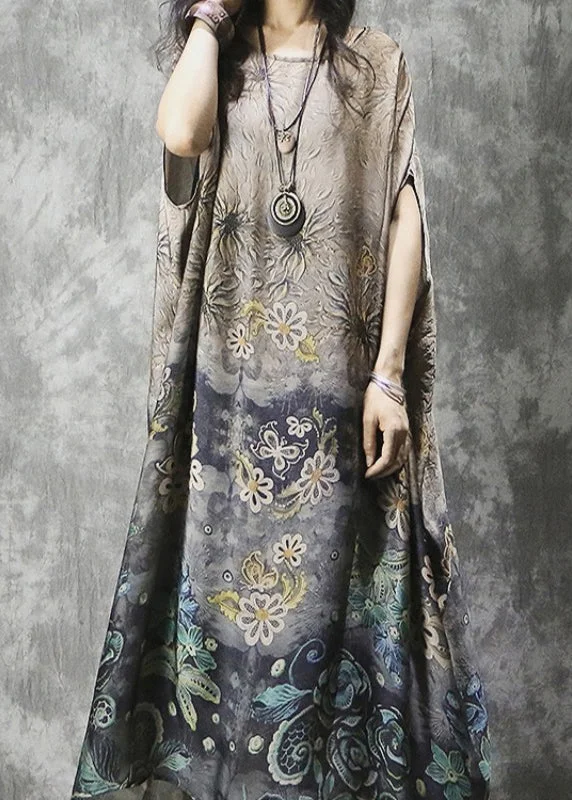 Hurry In ruffle dressPlus Size O-Neck Print Silk Vacation Dress Batwing Sleeve
