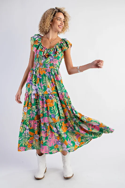 Savings Alert off-shoulder dressGreen Ruffle V-Neck Tiered Maxi Dress