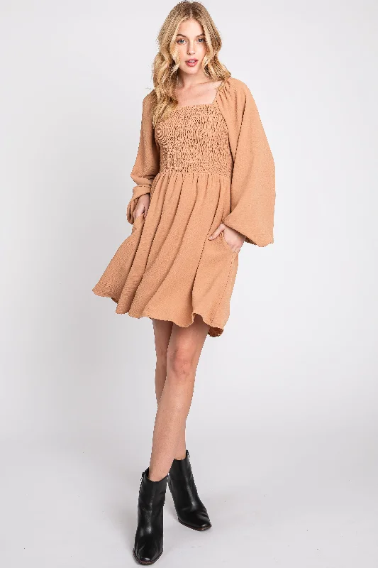 Limited Availability knit dressCamel Tie Back Smocked Long Sleeve Dress