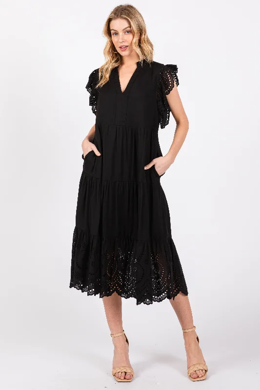 Bargain Blast chic wrap dressBlack V-Neck Eyelet Detail Ruffle Shoulder Tiered Midi Dress