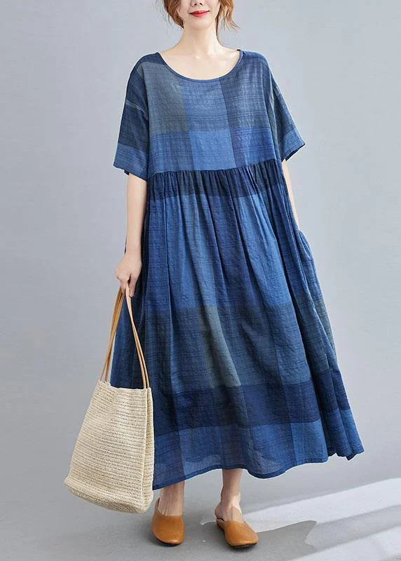 Fantastic Offers boho dressUnique Blue Plaid Casual Pockets A Line Summer Maxi Dresses Half Sleeve