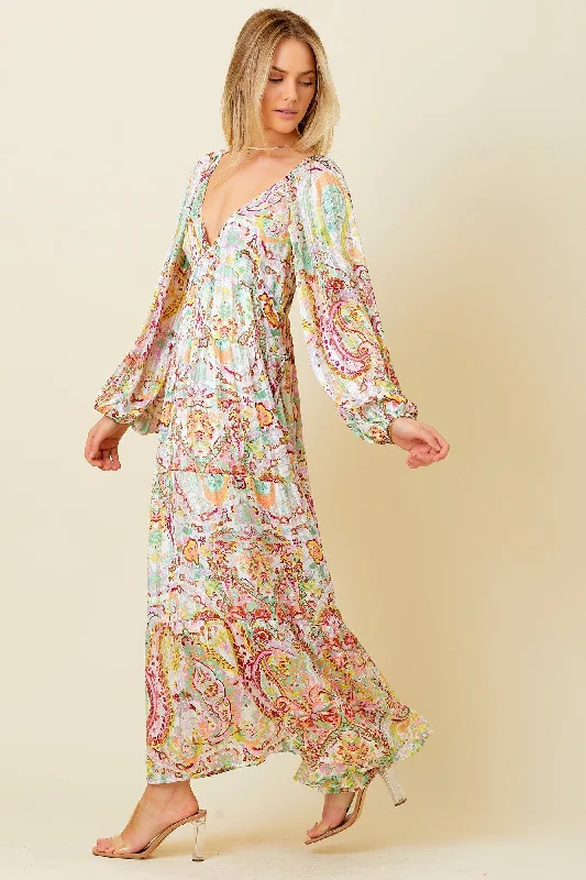 Limited Stock spaghetti strap dressMulti-Color Floral Metallic Striped Tiered Long Puff Sleeve Maxi Dress