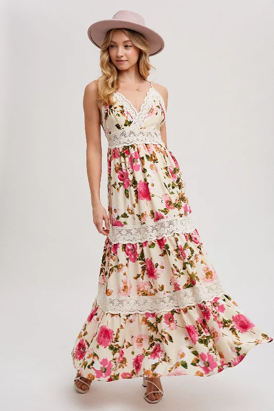 Price Break bohemian dressVanilla Floral Print Tiered Lace Contrast Maxi Dress