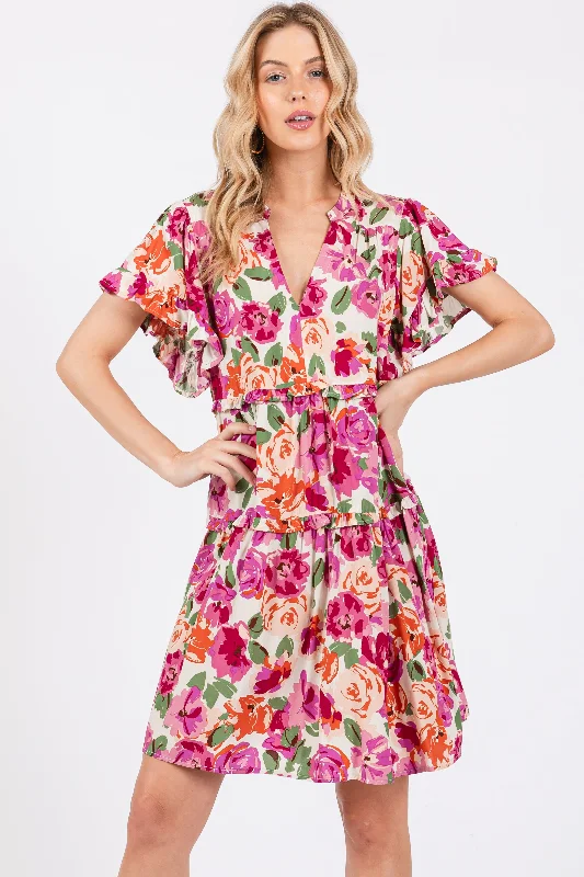 Weekend Deal office dressCream Floral Ruffle Tiered V-Neck Dress