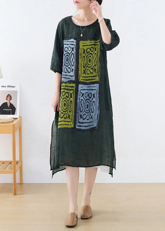 Act Fast summer floral dressCasual Green O-Neck Side Open Print Linen Long Dresses Half Sleeve