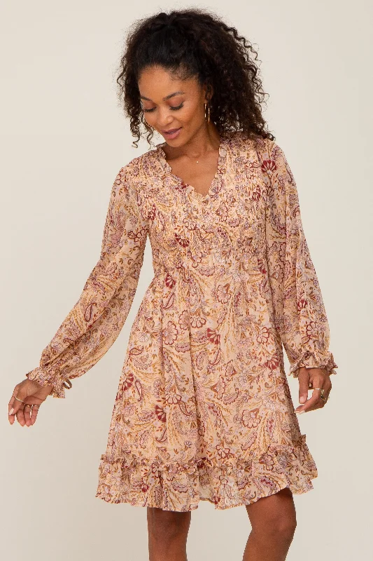 Closeout Sale luxury dressTaupe Paisley Print Long Sleeve Dress