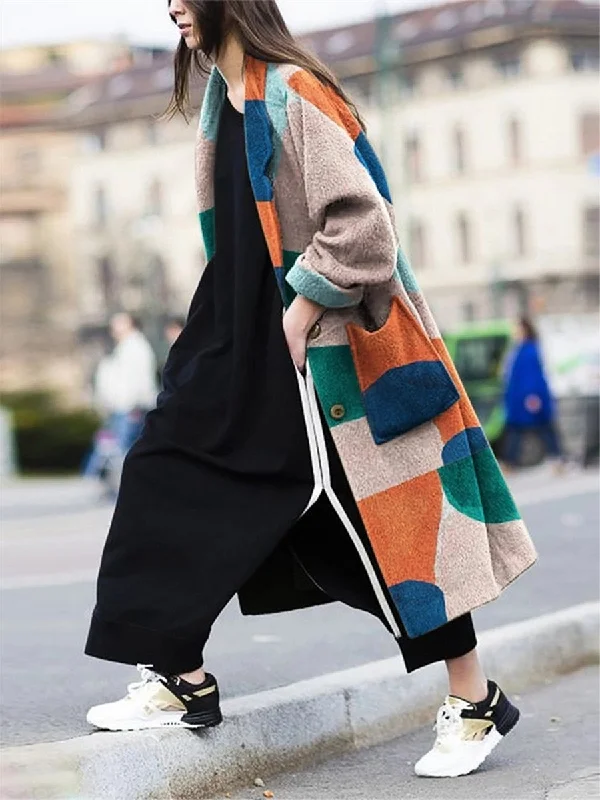 Midnight Sale warm trench coatAutumn and winter fashion loose lapel printed long sleeve pocket coat