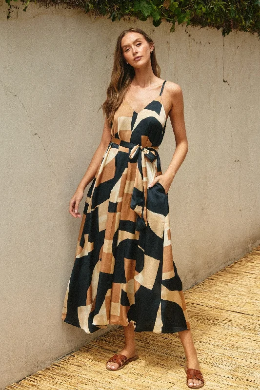 Stock Clearance silk dressCamel Abstract Print Sash Tie Maxi Dress
