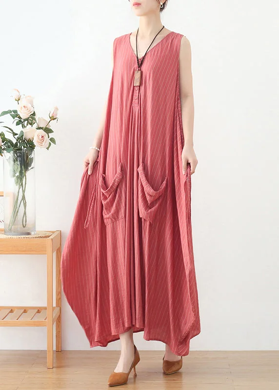 Act Now backless dressWomen Pink V Neck Striped Pockets Linen Vacation Dresses Sleeveless