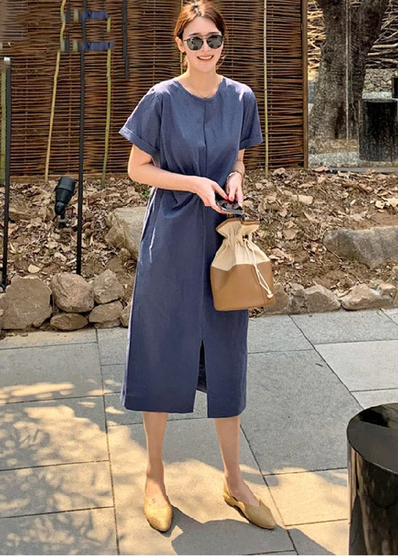Holiday Sale relaxed fit dressSlim Fit Navy O-Neck Pockets Patchwork Dress Short Sleeve