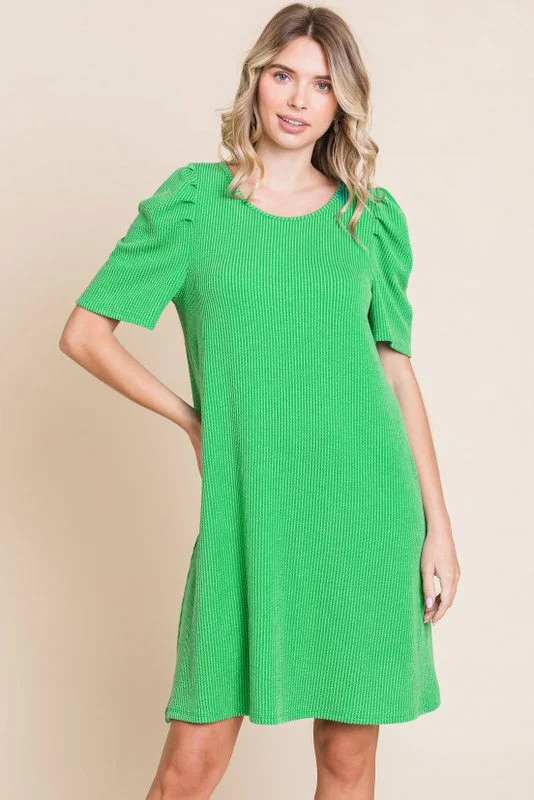 Closeout cocktail dressGreen Washed Ribbed Puff Sleeve Dress