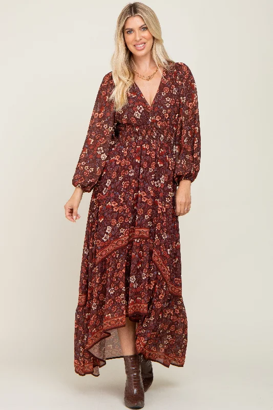 Special Discount sleek midi dressBrown Floral Hi-Lo Train Maxi Dress