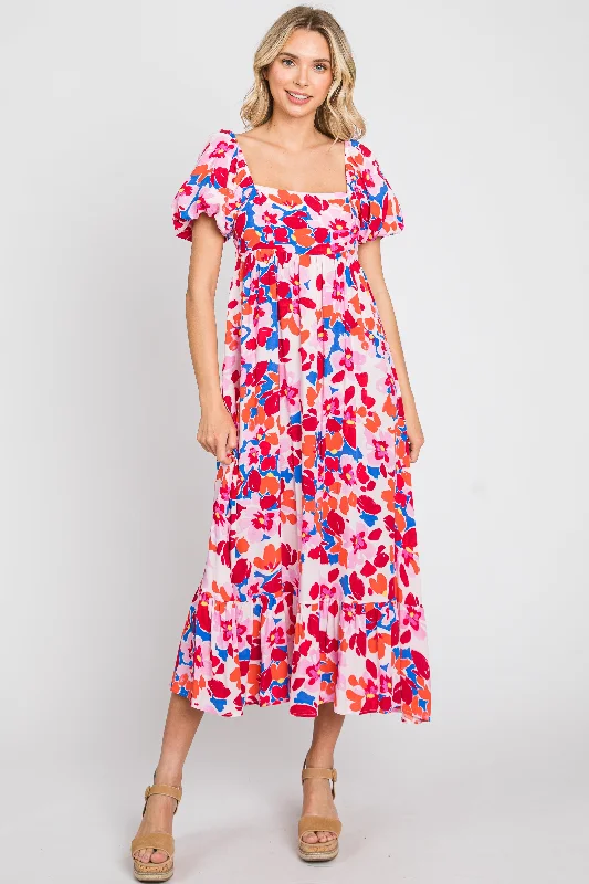 Fantastic Offers wool dressFuchsia Floral Square Neck Short Puff Sleeve Midi Dress