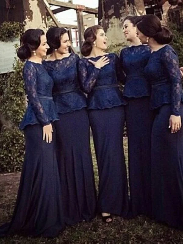 wrap-around dressSheath Bateau Long Sleeves Sweep Train Lace Chiffon Bridesmaid Dresses-314003