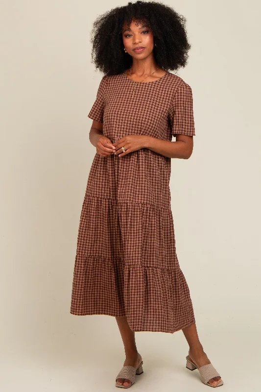 Discount Mania elegant evening dressMocha Gingham Tiered Midi Dress