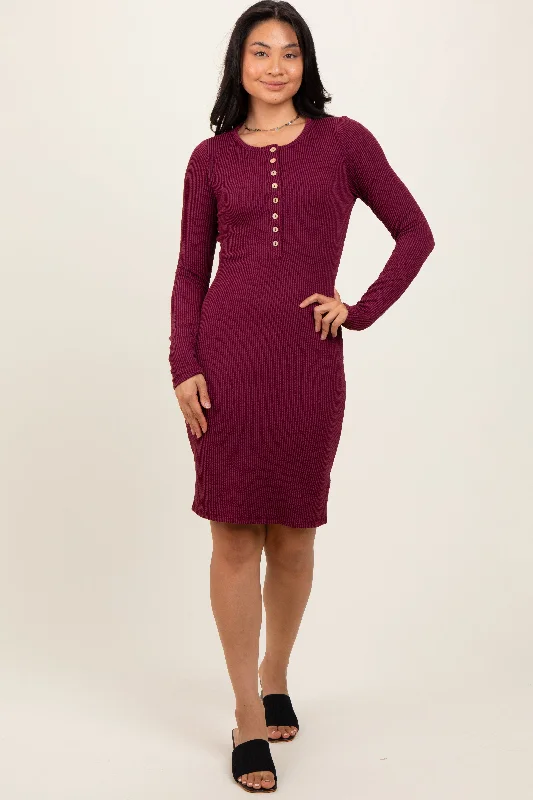 Savings Galore tiered dressBurgundy Ribbed Long Sleeve Half Button Up Fitted Dress