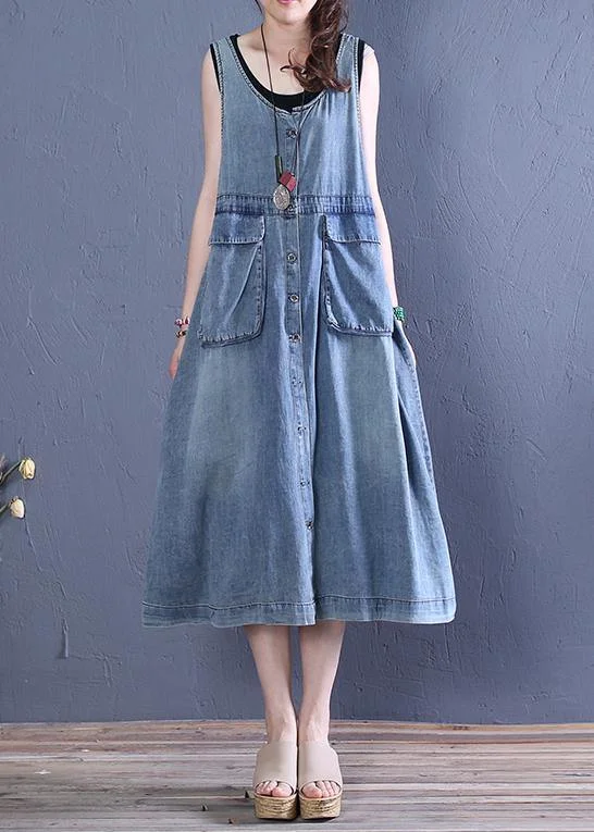 Great Deals casual evening dressWomen o neck pockets Cotton summer Tunics Tutorials denim blue Dresses