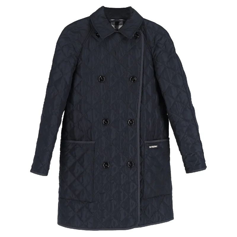 Burberry Quilted Double-Breasted Down Coat in Navy Blue Polyester