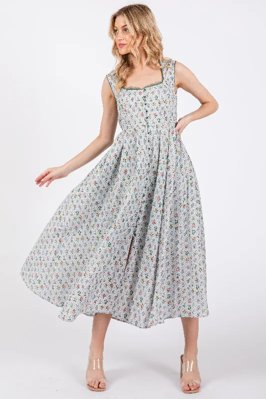 Anniversary Sale bodycon dressLight Blue Floral Button Front Sleeveless Maxi Dress