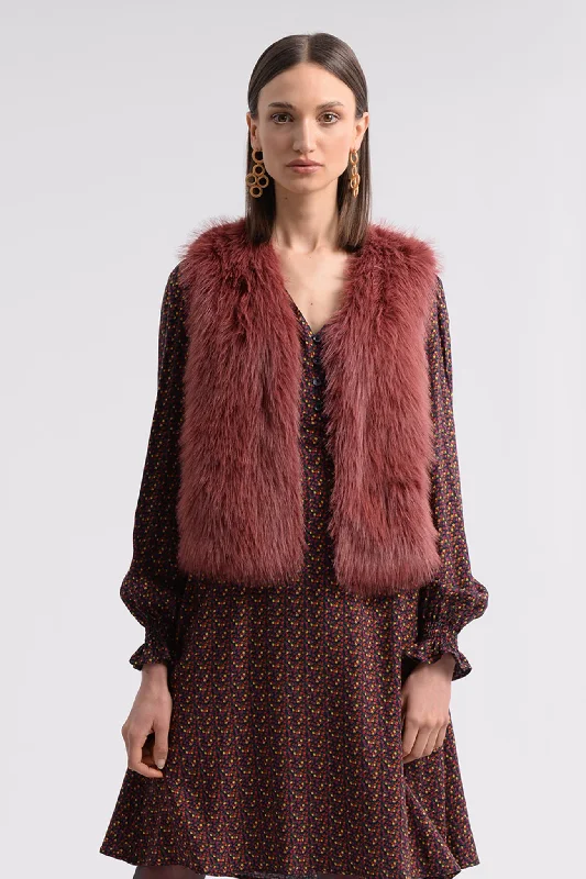 cocktail dressMolly Bracken Dark Red Sleeveless Faux Fur Gilet