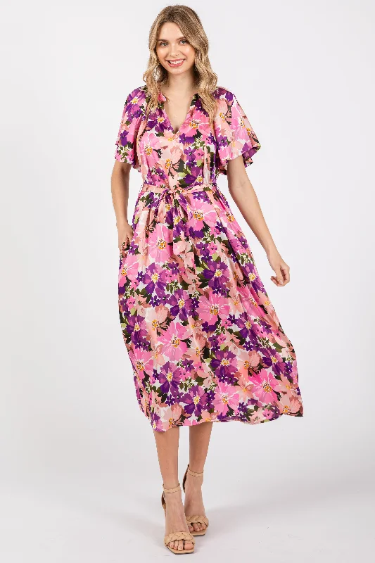 Epic Deals bodycon dressViolet Floral V-Neck Short Puff Sleeve Tie Waist Satin Midi Dress