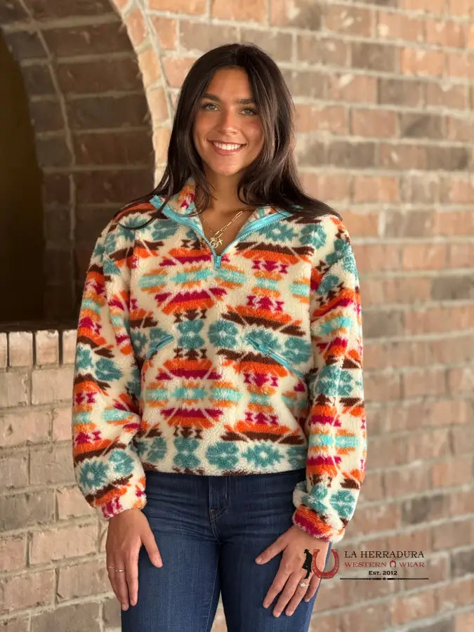 Limited Availability Rock&Roll Womens Cream Aztec Print Sherpa Pullover