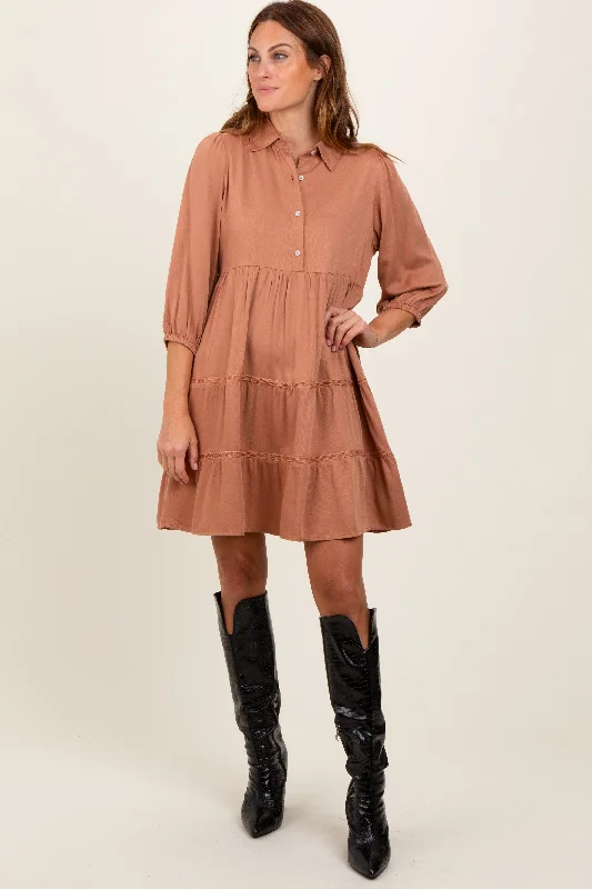 Exclusive Online Offer boho-chic dressCamel Collared Tiered Dress