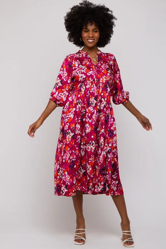 Instant Discount playful dressMagenta Floral Satin Ruffle Neck Midi Dress