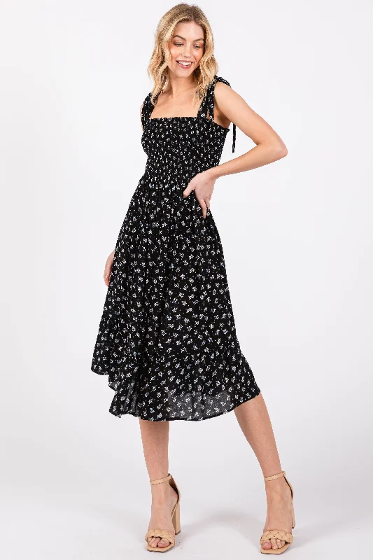 Limited Quantity trendy wrap dressBlack Floral Sleeveless Knotted Strap Dress