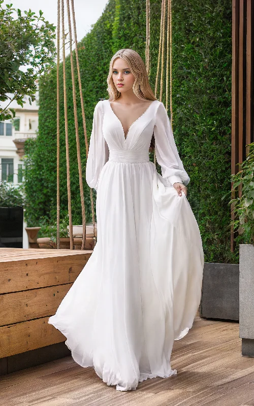 chic slip dressAiry Elegant Chiffon A-Line Corset Wedding Dress Simple Modern Plunging Neckline Poet Sleeves Backyard Bridal Gown