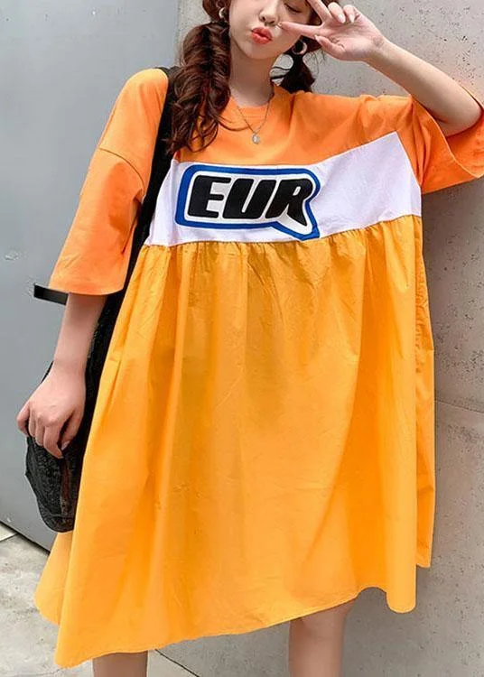 Midnight Madness stylish party dressPlus Size Orange White Patchwork Yellow O-Neck Summer Graphic Half Sleeve Long Dresses