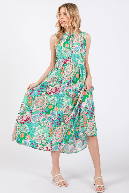Mega Sale floral wrap dressEmerald Green Floral Paisley Mock Neck Midi Dress