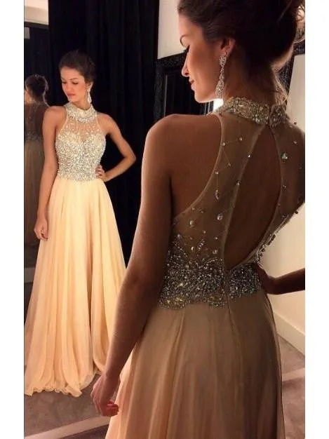 trendy dressA-line Sleeveless Chiffon Crystal High Neck Sweep Train Prom Evening Dress-318083