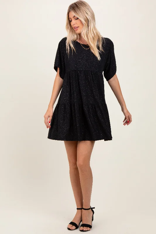 Sale Event casual shift dressBlack Glitter Flutter Sleeve Tiered Dress