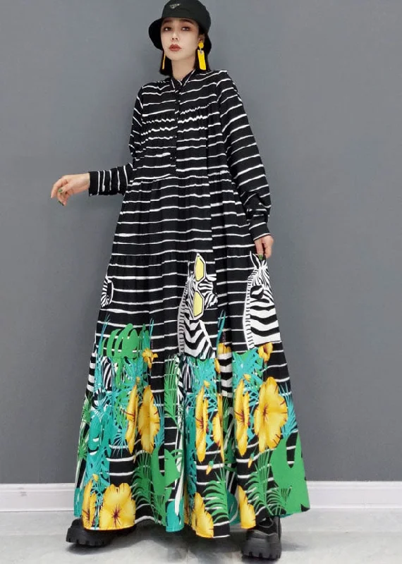 Seasonal Sale casual slip dressBlack Zebra Print Exra Large Hem Cotton Shirt Dress Stand Collar Button Long Sleeve